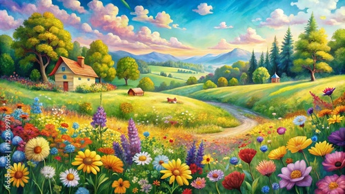 Idyllic Watercolor Summer Landscape with Vibrant Flower Fields and Meadows in a Children’s Storybook Illustration Style Capturing the Essence of Nature’s Beauty photo