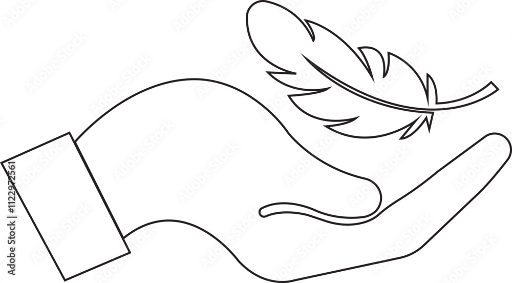 Obraz premium Feather in hand icon. Lightweight sign. Sensitive vector with soft feather symbol in line style. Concept of light weight clothing fabric, light beauty product badge isolated on transparent background.