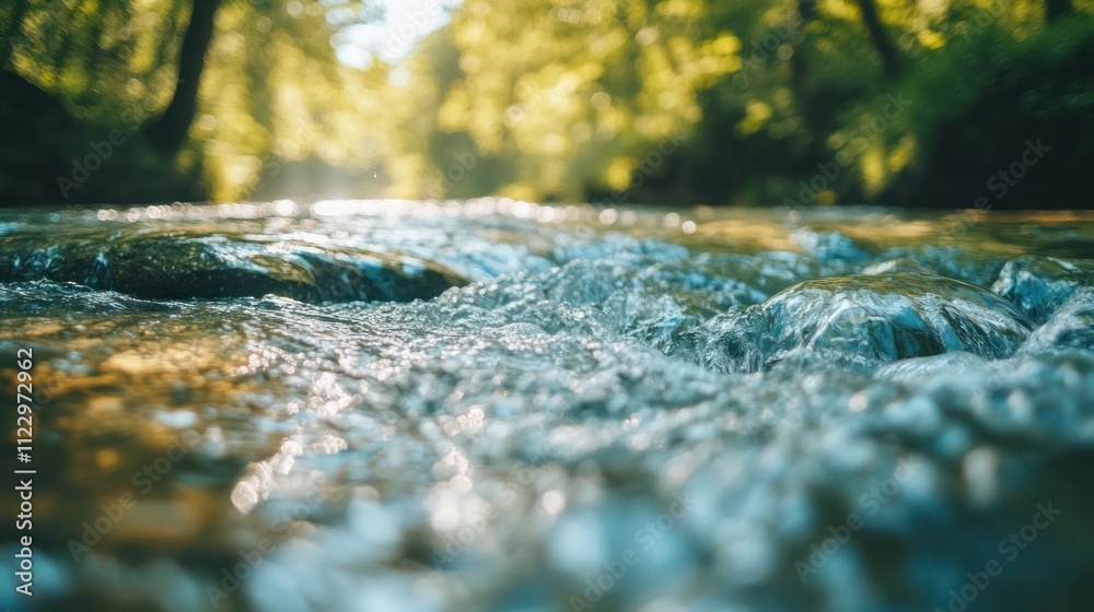 Fototapeta premium Close-up of flowing water in a stream, sunlight glistening on the surface.