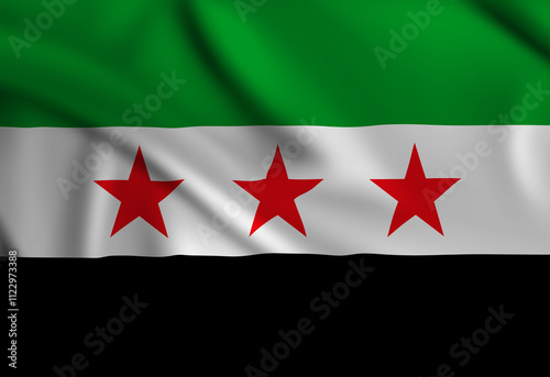 The opposition's new three-star Syrian flag covering the frame is waving in the wind