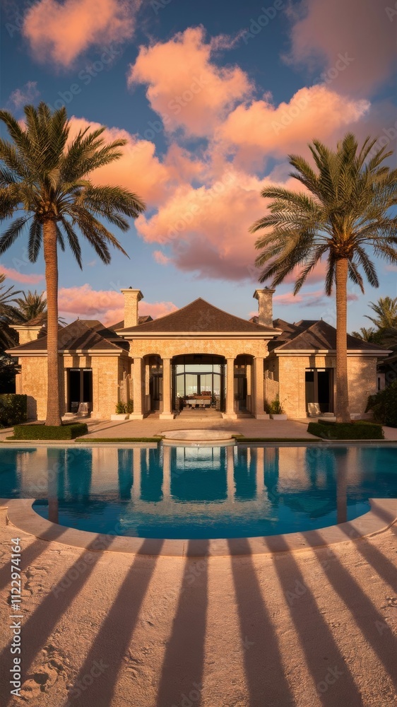 Obraz premium A breathtaking modern luxury villa boasts a stunning pool terrace, where vibrant sunset hues reflect off the water, creating an inviting atmosphere for relaxation and enjoyment.