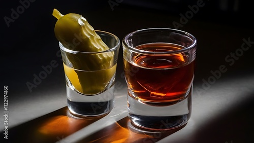 Pickleback alcoholic cocktail made from cucumber pickle and whiskey in small shot glasses hard light and shadows
