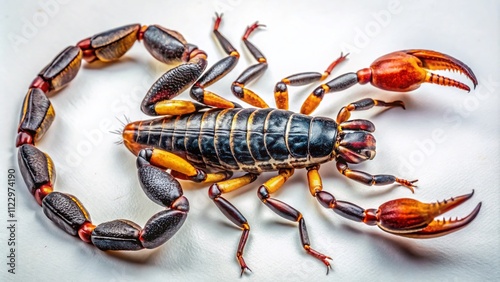 Intricate Scorpion Illustration in Bold Black Lines and Vibrant Colors with Textured Body and Menacing Tail on a Stark White Background for Stunning Visual Impact photo