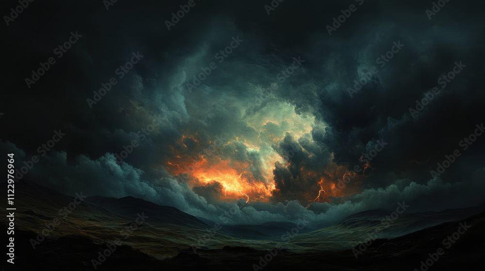 Obraz premium Dramatic Stormy Sky with Fiery Clouds Over a Dark Landscape