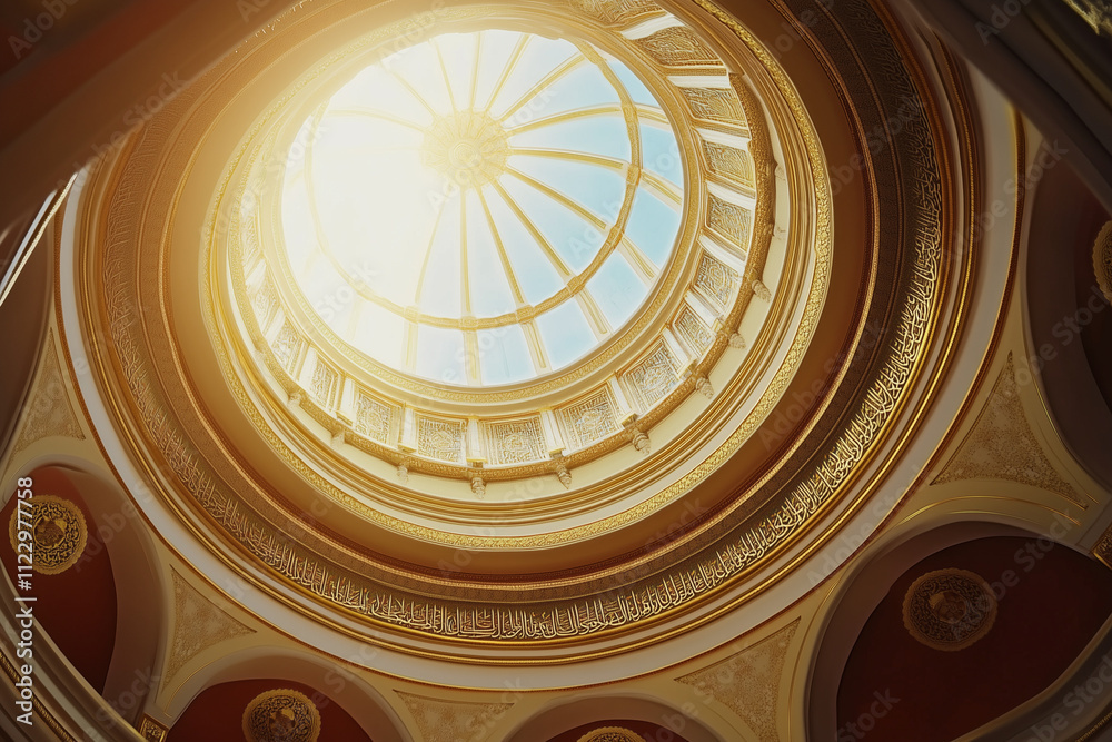 Obraz premium An intricately designed Islamic dome ceiling with vibrant geometric patterns and golden accents