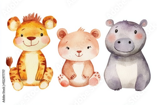 watercolor art of baby safari animals like baby kangaroo, baby lion, baby hippo.  photo