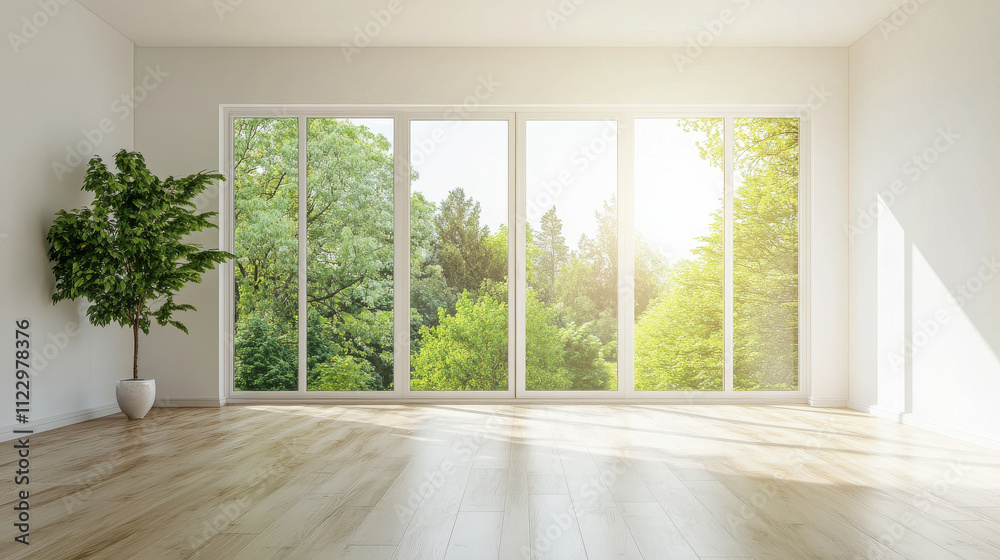Fototapeta premium Bright and Airy Modern Living Room with Large Windows and Greenery