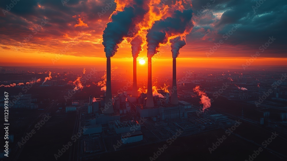 Obraz premium Industrial plant emitting smoke into the air at sunset