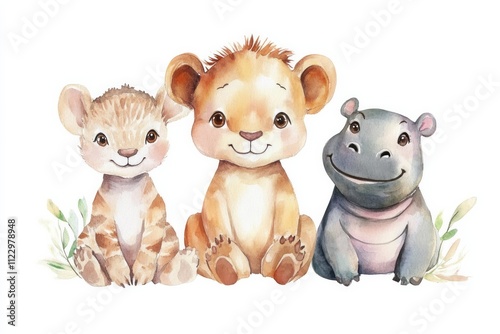 watercolor art of baby safari animals like baby kangaroo, baby lion, baby hippo.  photo