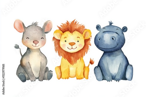 watercolor art of baby safari animals like baby kangaroo, baby lion, baby hippo.  photo