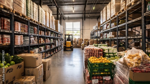 Forklift parked in warehouse full of food and goods on shelves