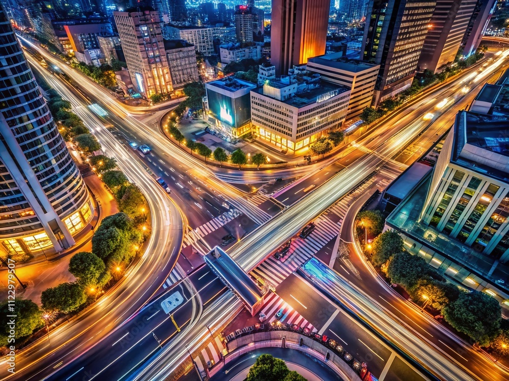 Long Exposure Aerial View of a Busy Inner City Street Junction Capturing the Dynamic Flow of Traffic and City Life at Night with Colorful Light Trails and Urban Landscape Long Exposure Aerial View of a Busy Inner City Street Junction Capturing the Dynamic Flow of Traffic and City Life at Night with Colorful Light Trails and Urban Landscape
