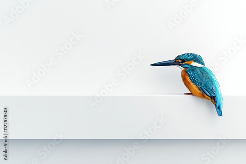 A vibrant kingfisher resting on a clean white rod seamless white floor and background photo