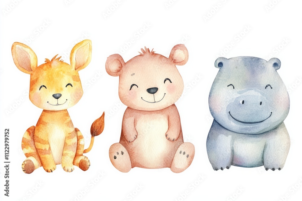 Fototapeta premium watercolor art of baby safari animals like baby kangaroo, baby lion, baby hippo. 