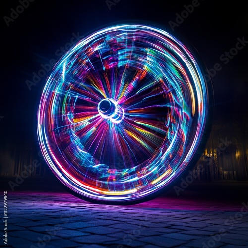 dramatic light painting of a spinning bicycle wheel, photo