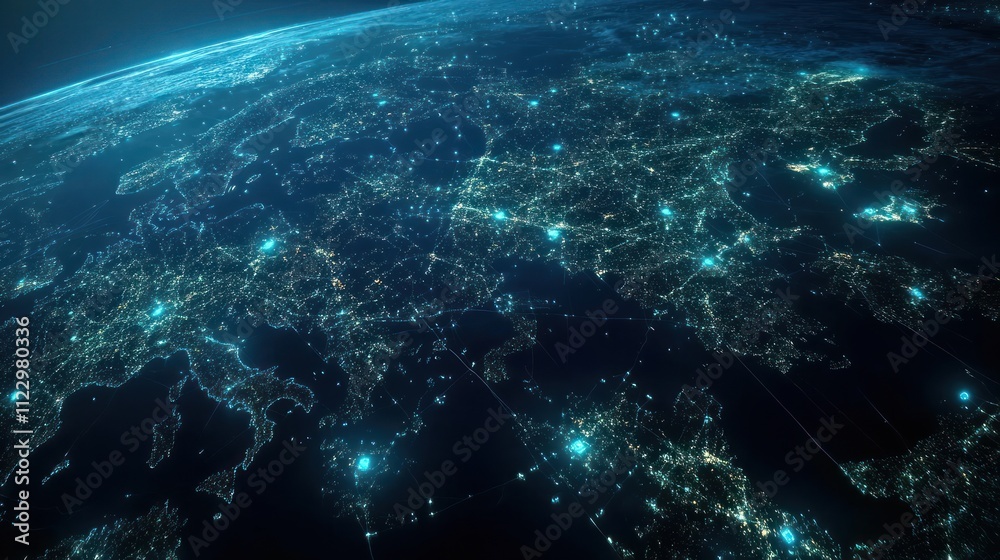 Obraz premium Europe's Glowing Network: A Nighttime Satellite View