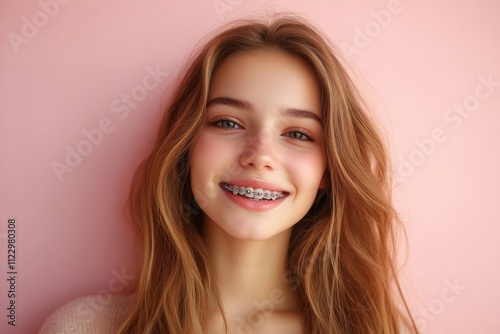 Young girl with metal braces on color background.  Portrait of teenager with braces on pink background. Teeth correction and dentistry concept. Generated AI