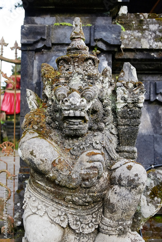 Ancient lion stucco statue is god and belief in Hindu with religion and culture decorated outdoor front arched entrance  photo