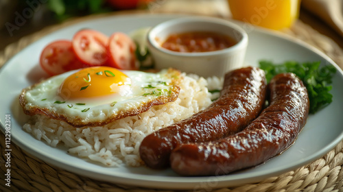 Traditional Filipino breakfast with longganisa, garlic rice, sunny-side-up egg, fresh tomatoes, spicy vinegar dip, and calamansi juice on woven placemat in warm natural light.