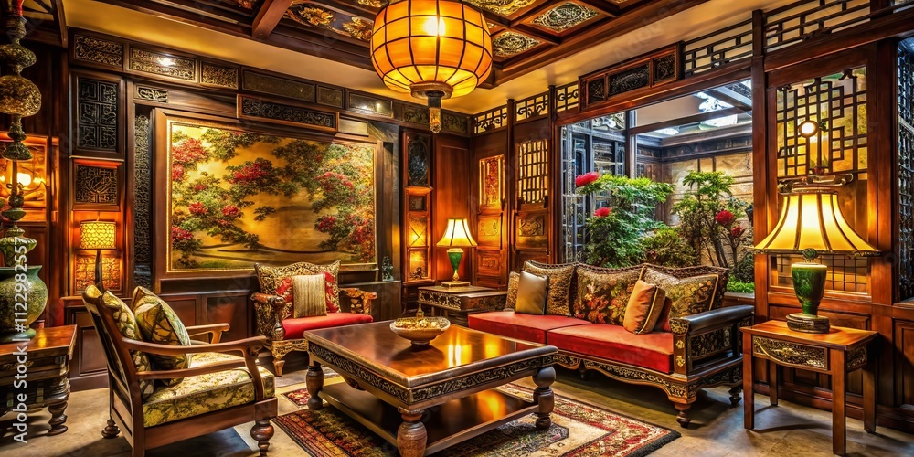 Low Light Photography of a Chinese Style Design Living Room with Elegant Decor, Ambient Lighting, and Traditional Elements for a Cozy Atmosphere Low Light Photography of a Chinese Style Design Living Room with Elegant Decor, Ambient Lighting, and Traditional Elements for a Cozy Atmosphere