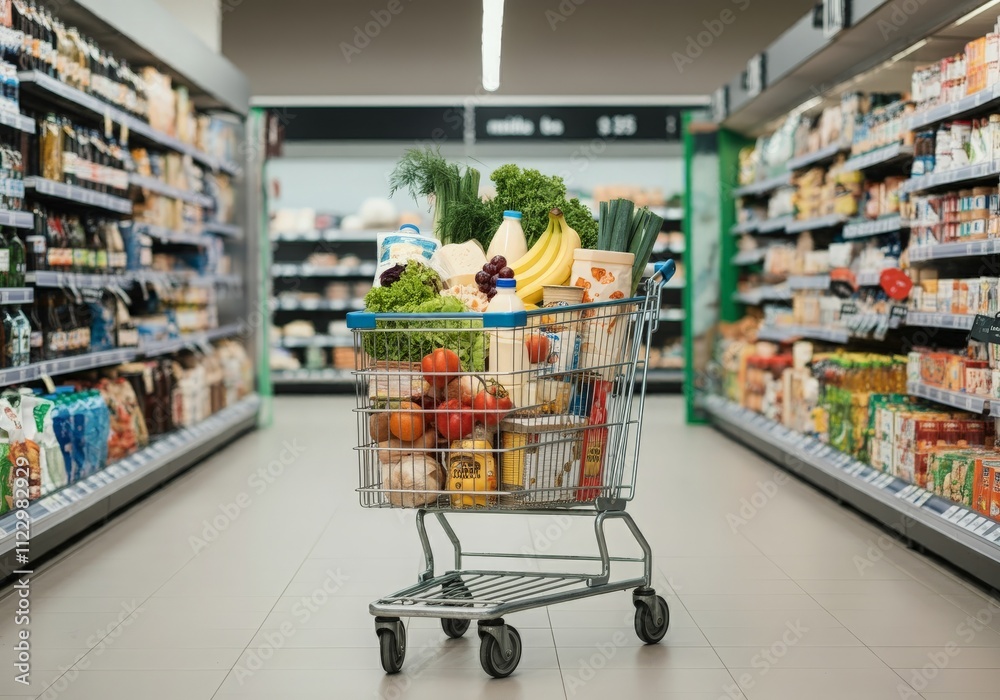 A family-friendly shopping cart packed with balanced groceries fresh produce, dairy, and snacks in a clean, modern store setting