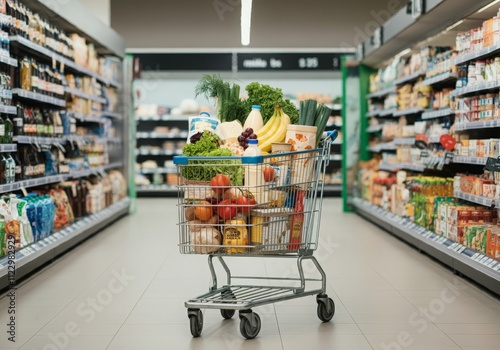 Obraz na płótnie A family-friendly shopping cart packed with balanced groceries fresh produce, dairy, and snacks in a clean, modern store setting w salonie