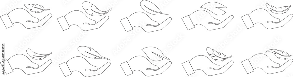 Obraz premium Feather in hand icons set. Lightweight signs. Sensitive vectors with soft feather line symbols. Concept of light weight clothing fabric, light beauty product badge isolated on transparent background.