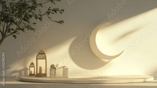 Ramadan Kareem Minimalist Scene with Crescent Moon Shadow, Lanterns, and Gifts. Concept of Celebration, Faith, and Warmth.