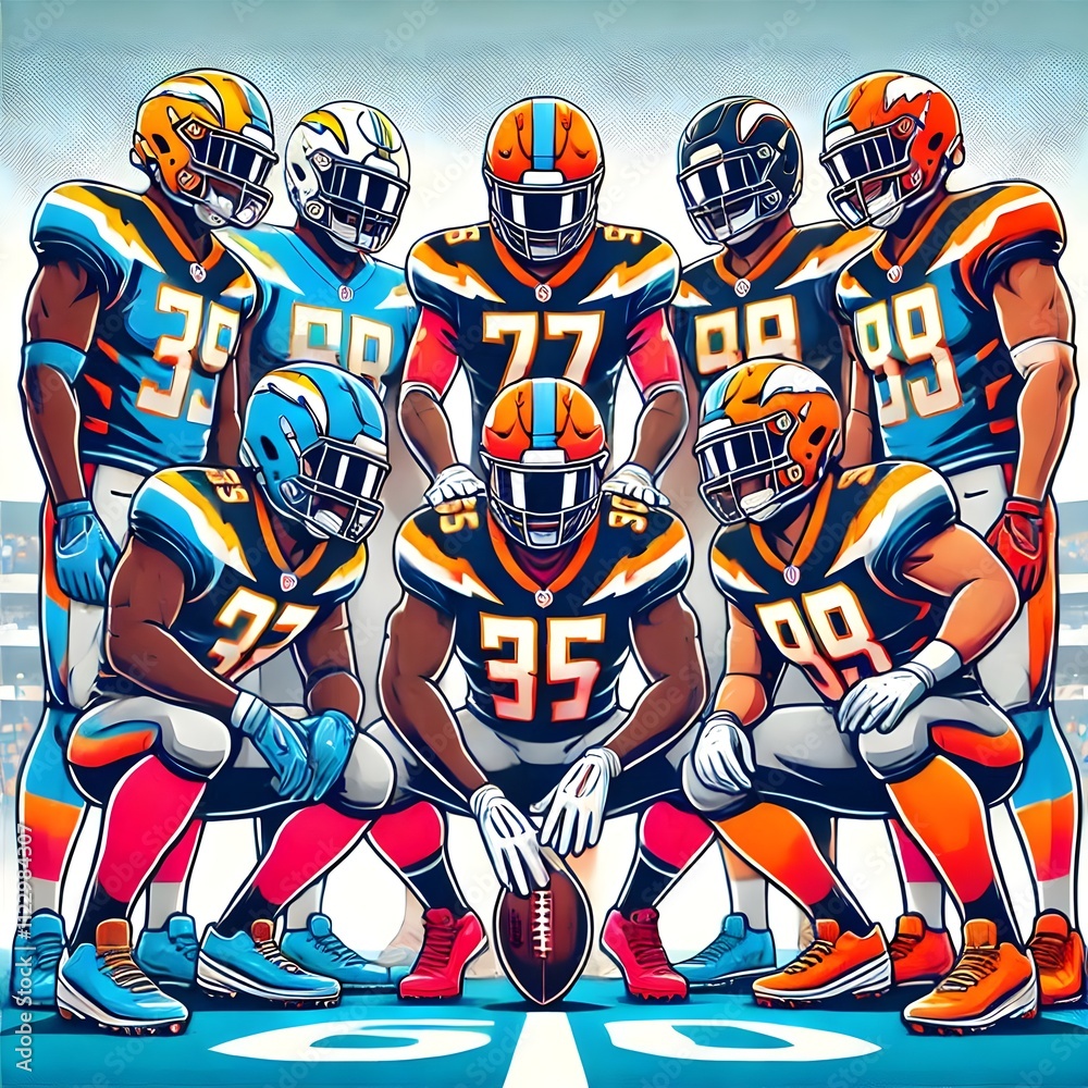 Obraz premium A group of NFL players in a pre-game huddle, wearing vibrant team uniforms with their logo visible.