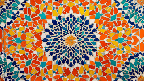 Vibrant mosaic tile pattern.  Geometric design, colorful, and intricate.