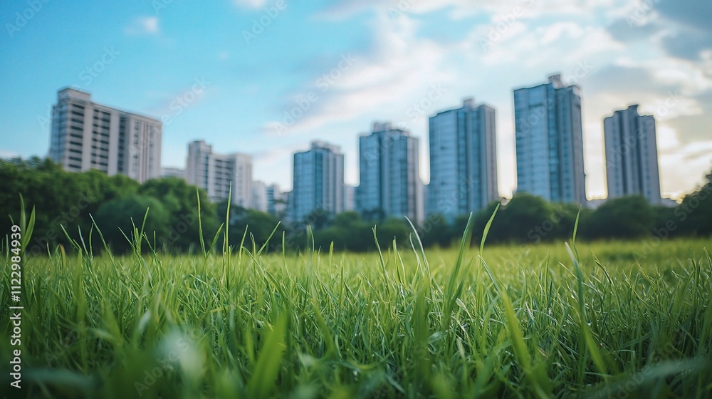 Obraz premium Tall Buildings Behind Green Grass Field Under Blue Sky