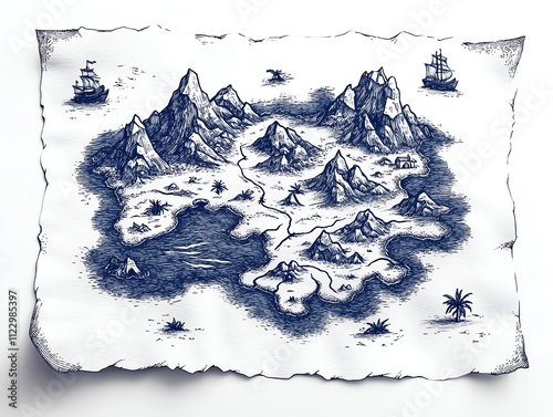 A detailed, hand-drawn treasure map featuring mountains, ships, and a coastline.