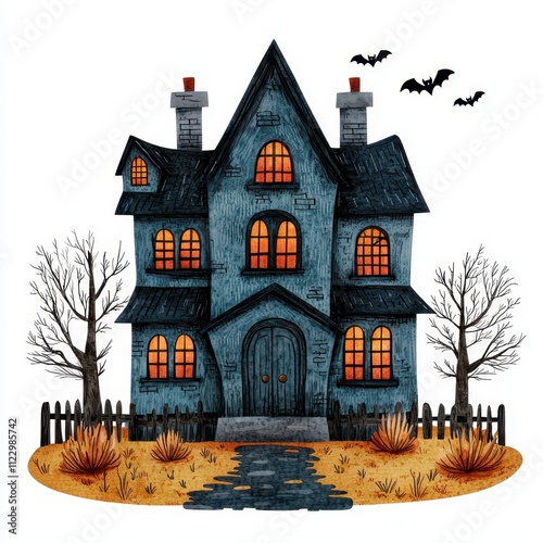 Cute Haunted House Watercolor Clipart Halloween Home Illustration photo