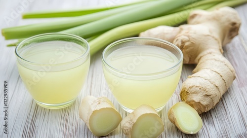 Fresh ginger and lemongrass juice in glasses. photo