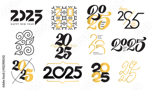 Set of 2025 New Year gold logo. Luxury number of year design. Template design golden elements for holidays, greeting card, social media, invitation, calendar, business. Vector elegant numbers 2025.