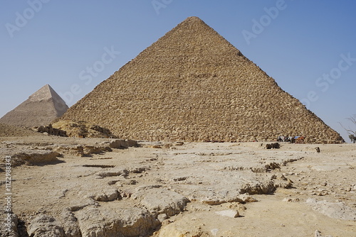 Scenic pyramids of Cheops and Chephren in African Giza city near Cairo in Egypt