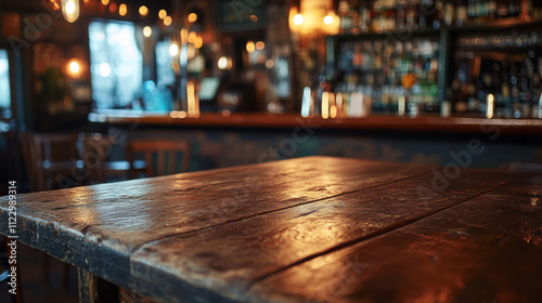 A close-up view of a rustic wooden tabletop with a blurred background of a dimly lit bar interior.