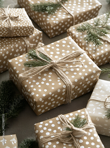 Zero waste Christmas gifts. Stylish Christmas presents wrapped in fabric and paper with fir branches on a rustic table with natural ornaments. Winter eco