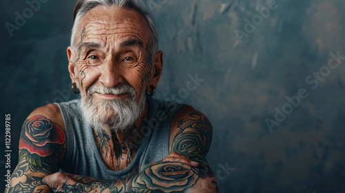 Portrait of a charismatic senior man with full grey beard and extensive tattoos, wearing a tank top and smiling warmly against a dark background, embodying modern aging and self-expression photo