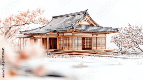 Wallpaper Mural A serene traditional Japanese house surrounded by cherry blossoms in a snowy landscape. Torontodigital.ca