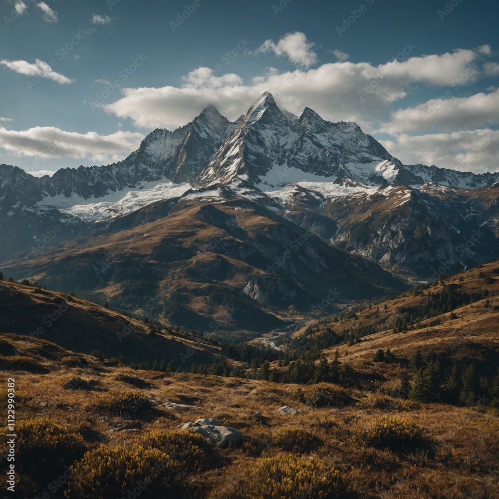Fototapeta premium A scenic mountain landscape where each peak represents a category of trivia like history, science, and entertainment.