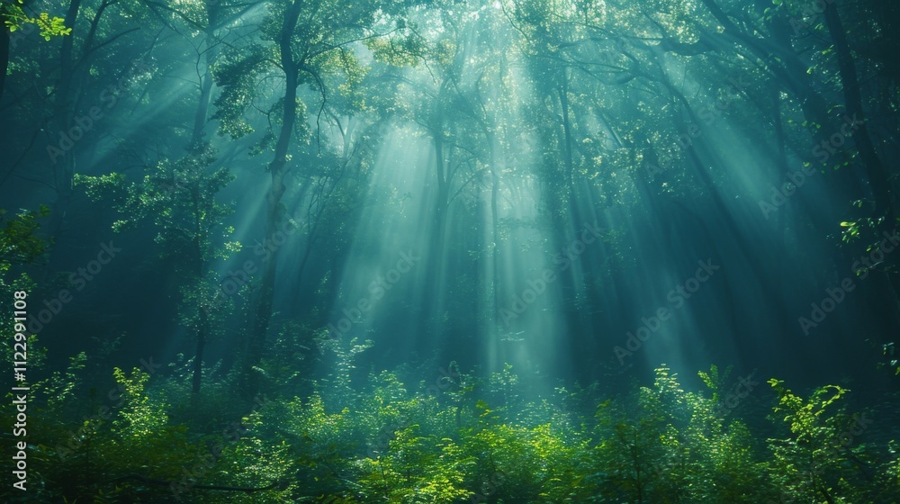 Obraz premium A forest with sunlight shining through the trees