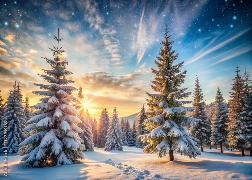 Magical Winter Wonderland: Tall Fir Trees Covered in Snow Create a Serene Christmas Park Atmosphere in a Snowy Forest Landscape Magical Winter Wonderland: Tall Fir Trees Covered in Snow Create a Serene Christmas Park Atmosphere in a Snowy Forest Landscape