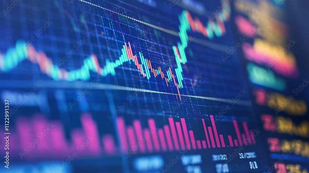 Close-up of digital stock market screen showing upward trend graph, symbolizing stock buyback, financial charts and candlestick patterns in background.