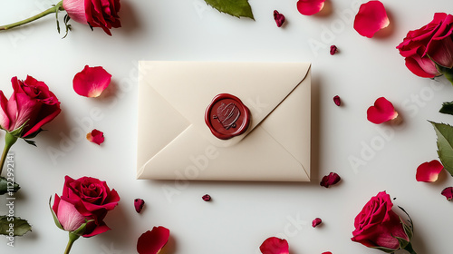 sealed envelope, red wax seal, surrounded by scattered red roses and petals, romantic Valentine's Day composition, light background