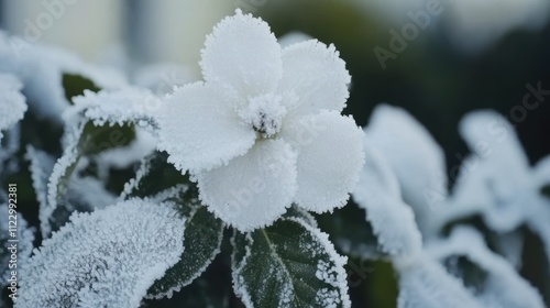 Frosty white flower covered in frost. photo