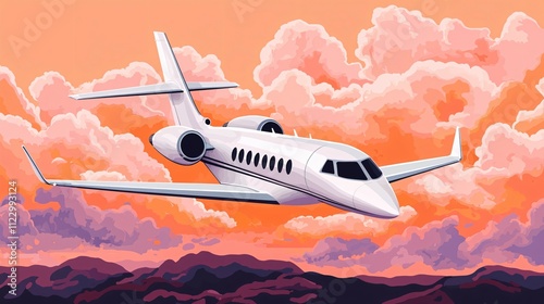 A sleek private jet soars through a vibrant sunset sky, surrounded by fluffy clouds, evoking a sense of luxury and adventure.
