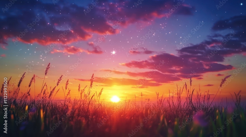 Fototapeta premium A vibrant sunset over a field of tall grass.
