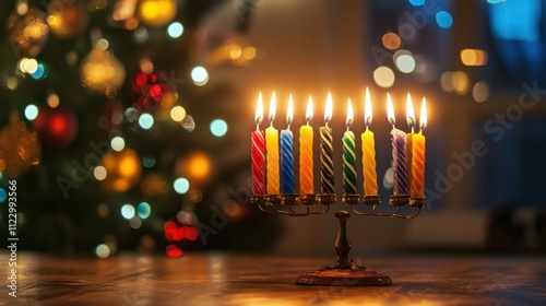 Lighting the menorah hanukkah celebration home indoor festive culture photo