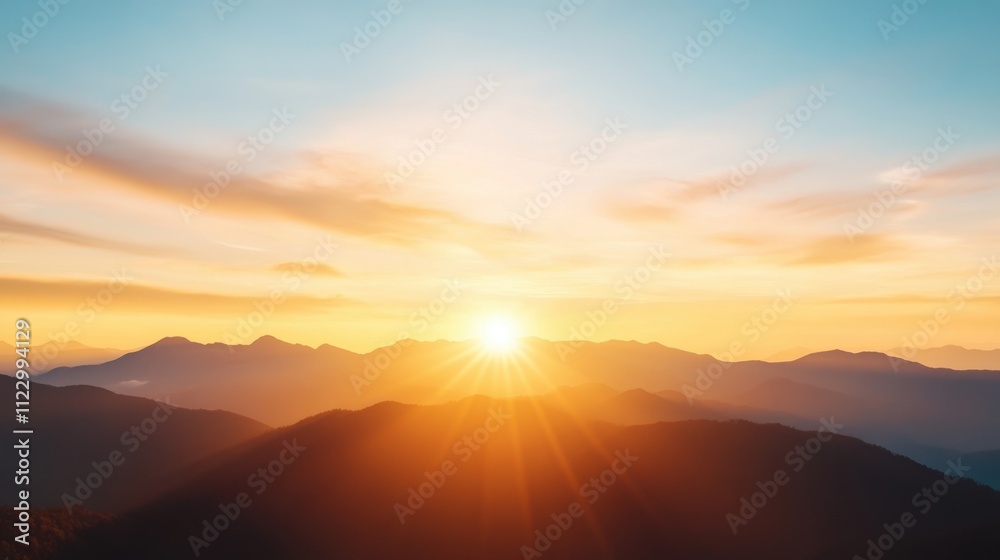 Fototapeta premium Sunrise over mountains nature landscape tranquil environment panoramic view serene concept
